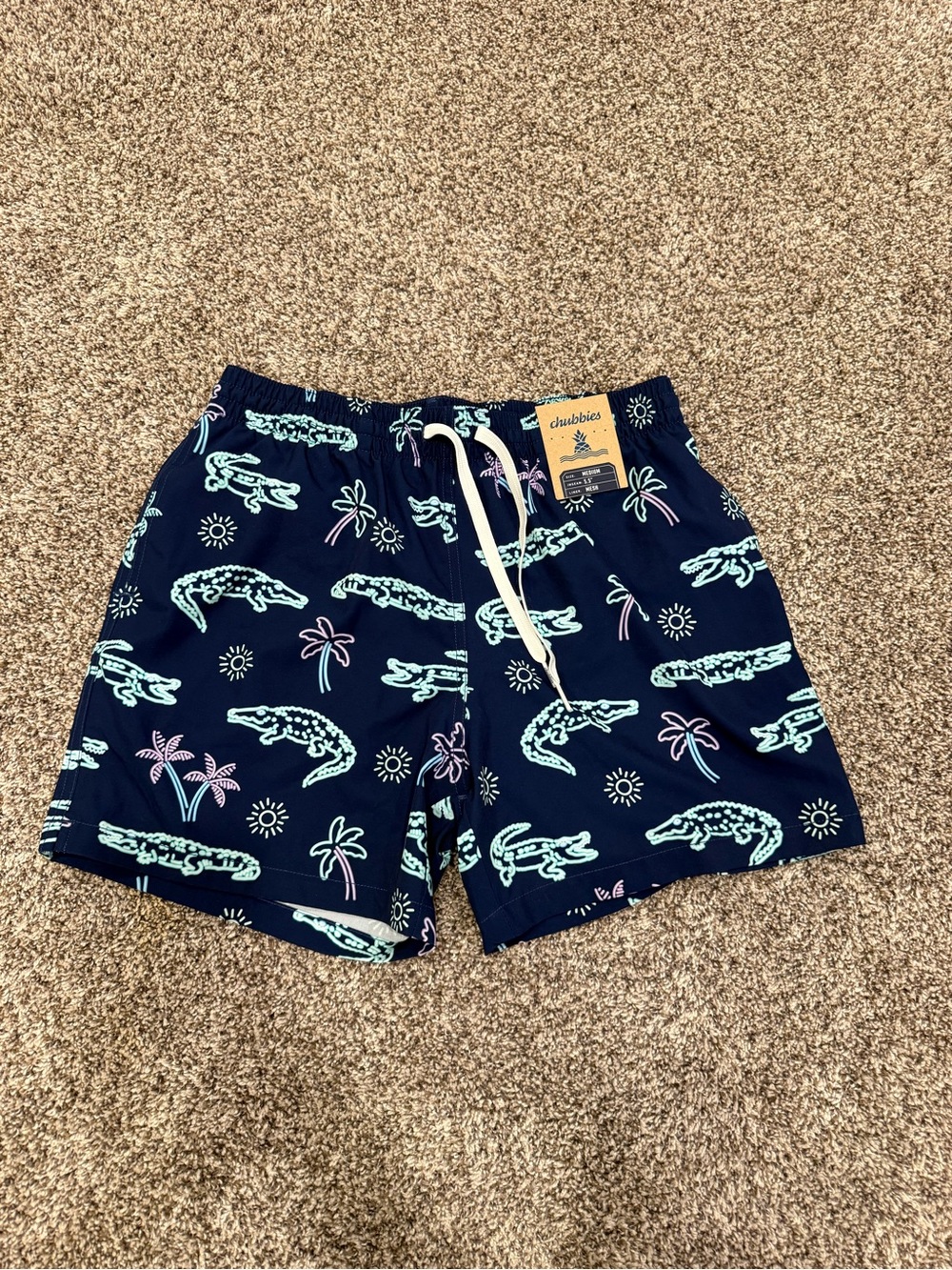 chubbies Navy Swim Shorts with Teal Alligator & Pink Palm Print